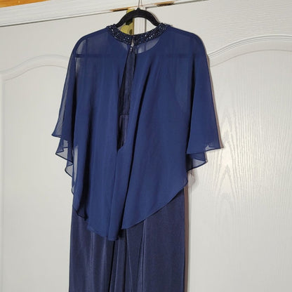 La Femme Navy Illusion Cape Trumpet Gown Jewel Neck Dress Size 16 Wedding Formal
