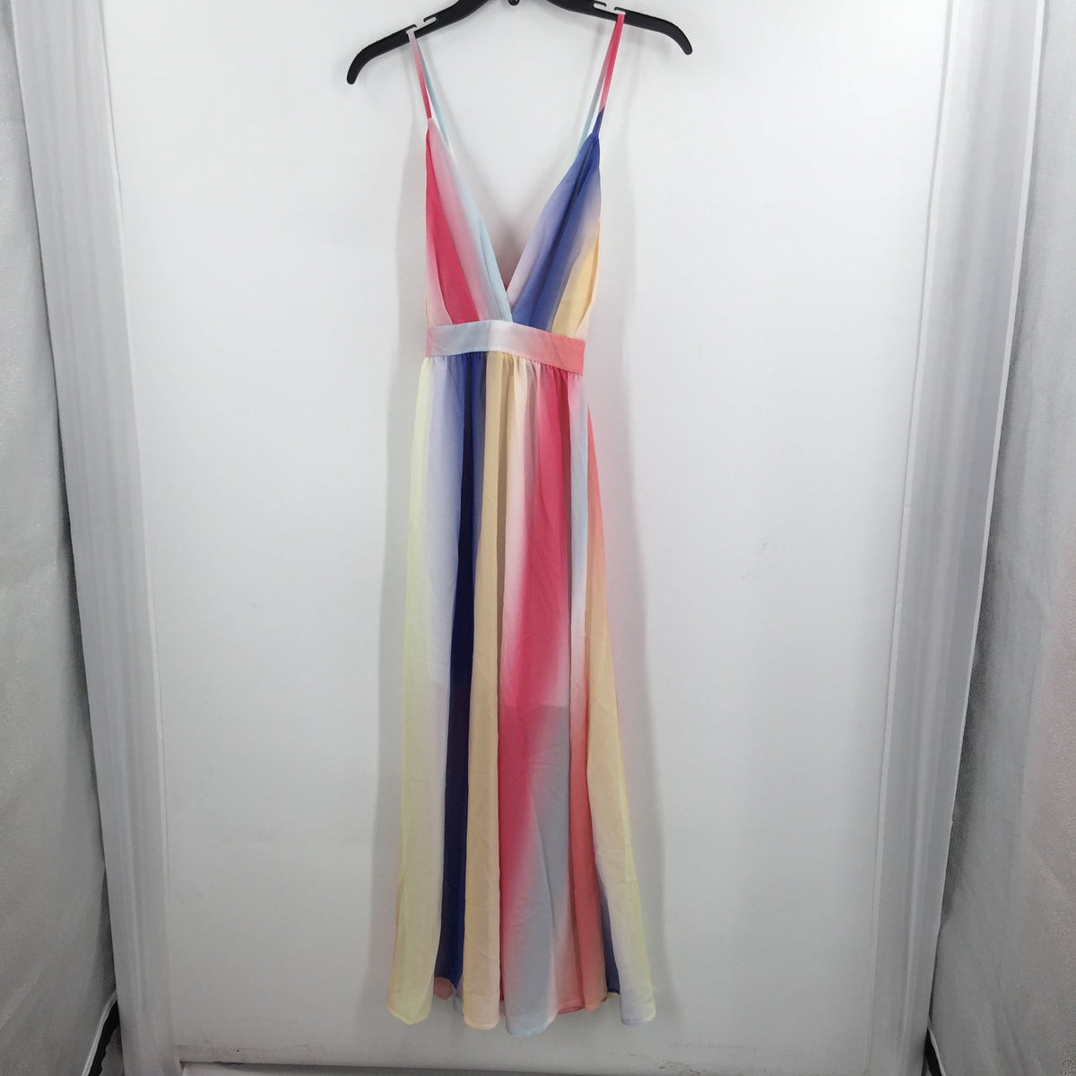 Rainbow Maxi Dress with Criss Cross Back & Zip Sleeveless Multicolor Size Small