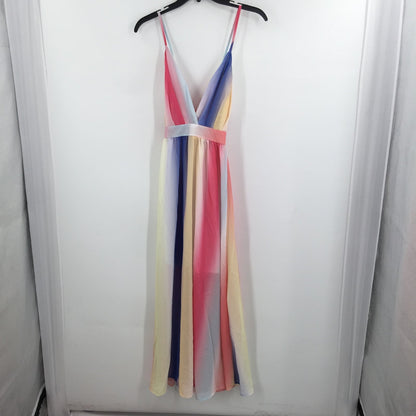 Rainbow Maxi Dress with Criss Cross Back & Zip Sleeveless Multicolor Size Small