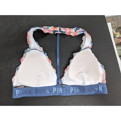 Victoria's Secret Lace Racerback Blue Pink Floral bralette removable pads Large