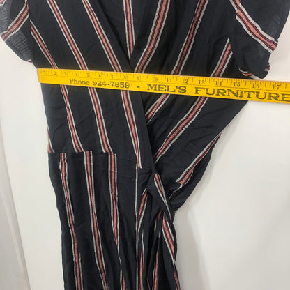 LIRA Women Short Sleeve Pullover Tie Waist Wrap Dress V-Neck Striped Black M
