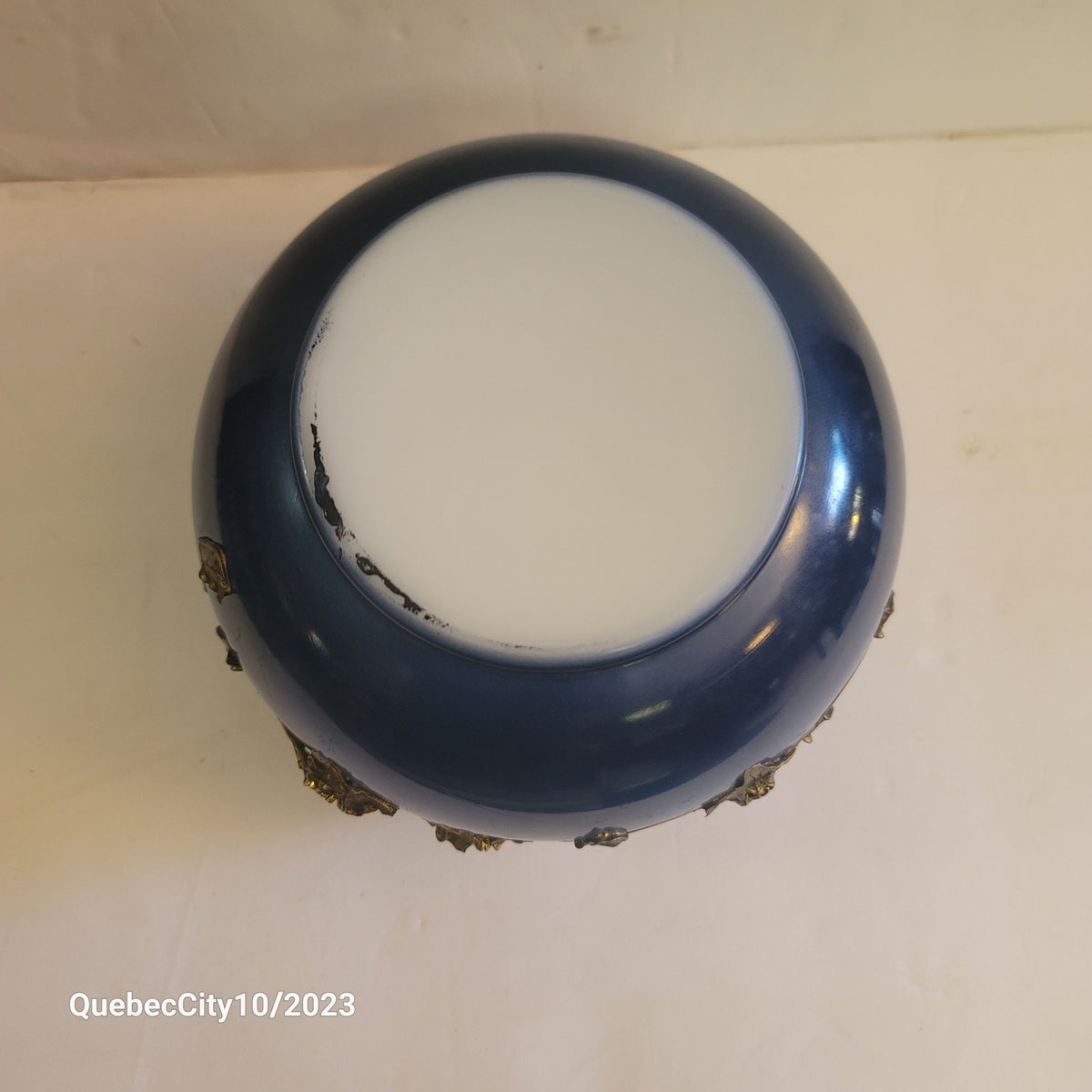 Satin glass bowl vase blue white gold ombre gold moriage Vintage
