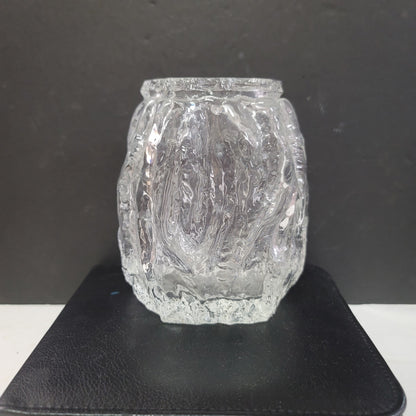 Vintage Ingrid Glashutte Ice block MCM vase 5.5" tall Clear Glass Bark Texture