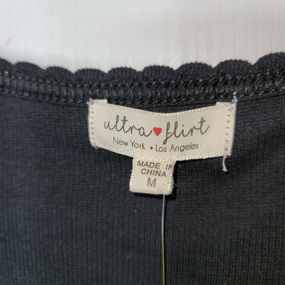 Ultra Flirt Ribbed Knit Henley Top Long Sleeve Black Button Size Medium