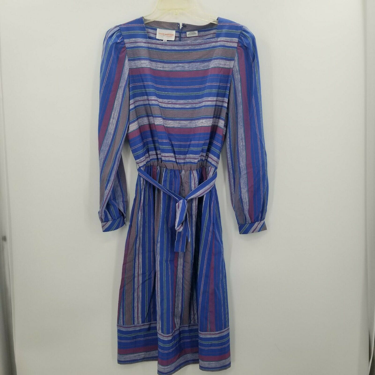 David Warren Striped Tie Waist Belt Dress Long Puff Sleeves Square Neck VTG 12