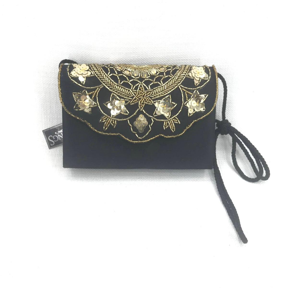 Vintage Soft Fabric Small Evening Bag Purse Shoulder Clutch Black Sequins Beaded
