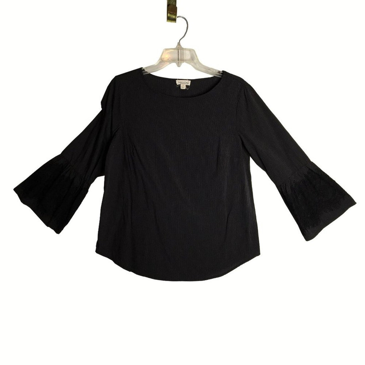 Messini Long Bell Sleeve Blouse Top Round Neck Pin-Striped Black Size Small