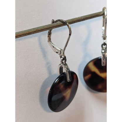 Vintage Amber Glass Translucent Disc Dangle Drop Earrings Silver Tone Metal