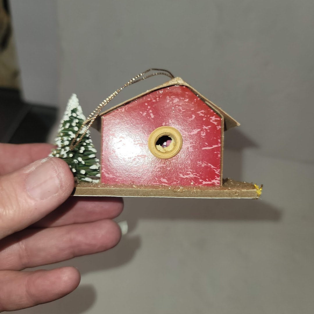Vintage Christmas Putz house Cardboard Mica Red House with tree Ornament