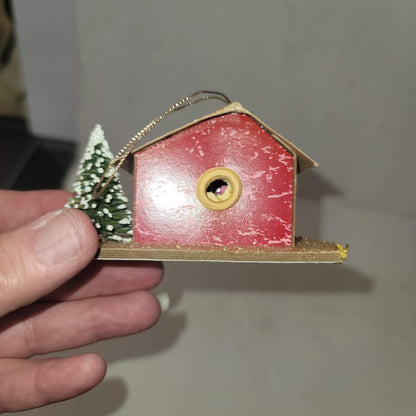 Vintage Christmas Putz house Cardboard Mica Red House with tree Ornament