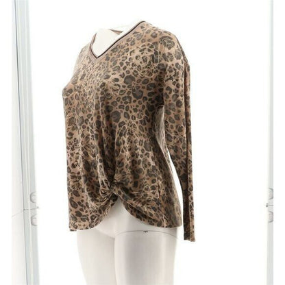Democracy Sweater Top Twist Hem Animal Print Medium Taupe NWT Long Sleeve V-Neck