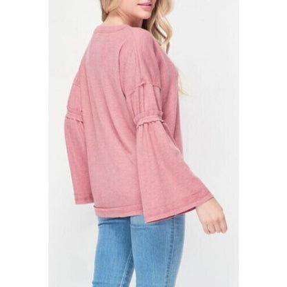 Baea Los Angeles Raw Seam Waffle Thermal Bell Sleeve Top Sz Small in Blush NWT
