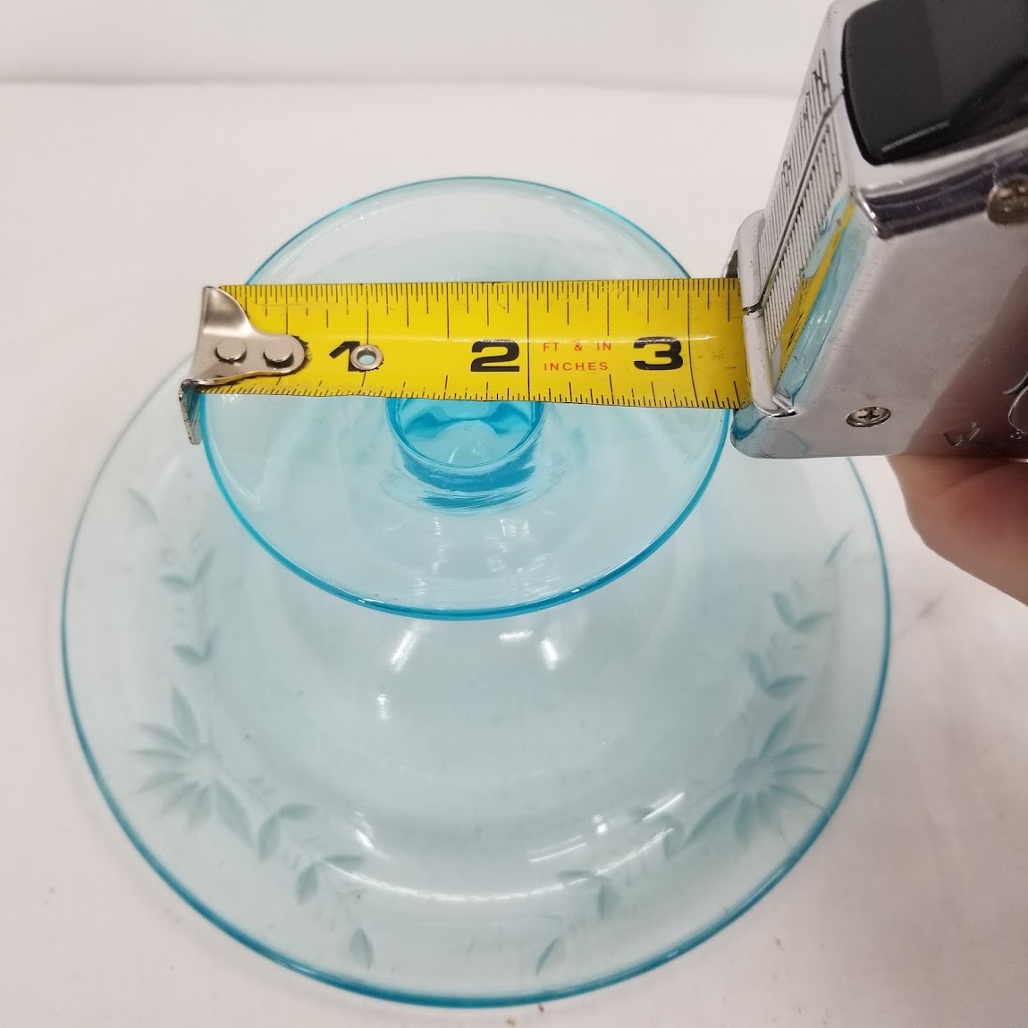 Blue Console Bowl Spoon Etched Glass Footed Vintage Light blue With Spoon