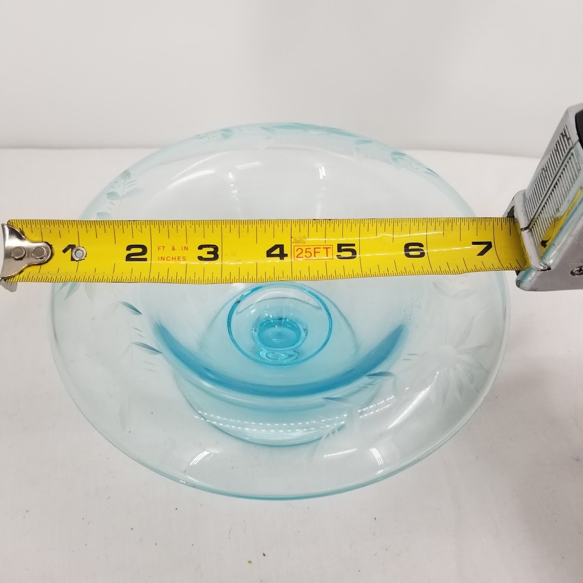 Blue Console Bowl Spoon Etched Glass Footed Vintage Light blue With Spoon