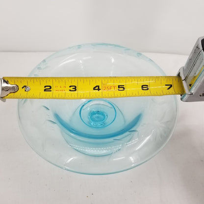 Blue Console Bowl Spoon Etched Glass Footed Vintage Light blue With Spoon