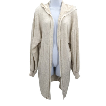 Treasure & Bond Open Front Ribbed Cozy Hooded Cardigan Heather Beige Medium NWT