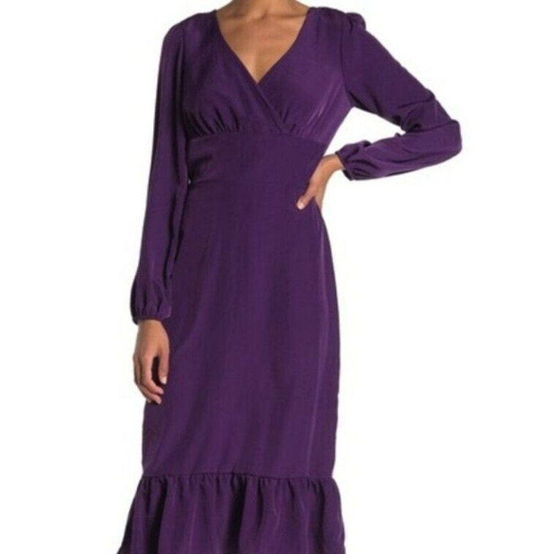 Abound Long Sleeve Ruffle Trim Midi Dress Size Large Purple NWT V-Neck Surplice