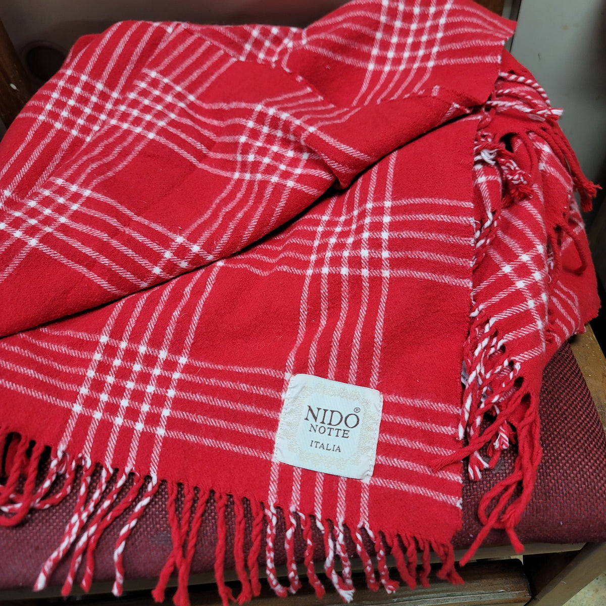 Nido Notte Red White Plaid tassel Italian picnic blanket throw 67" long 51" wide