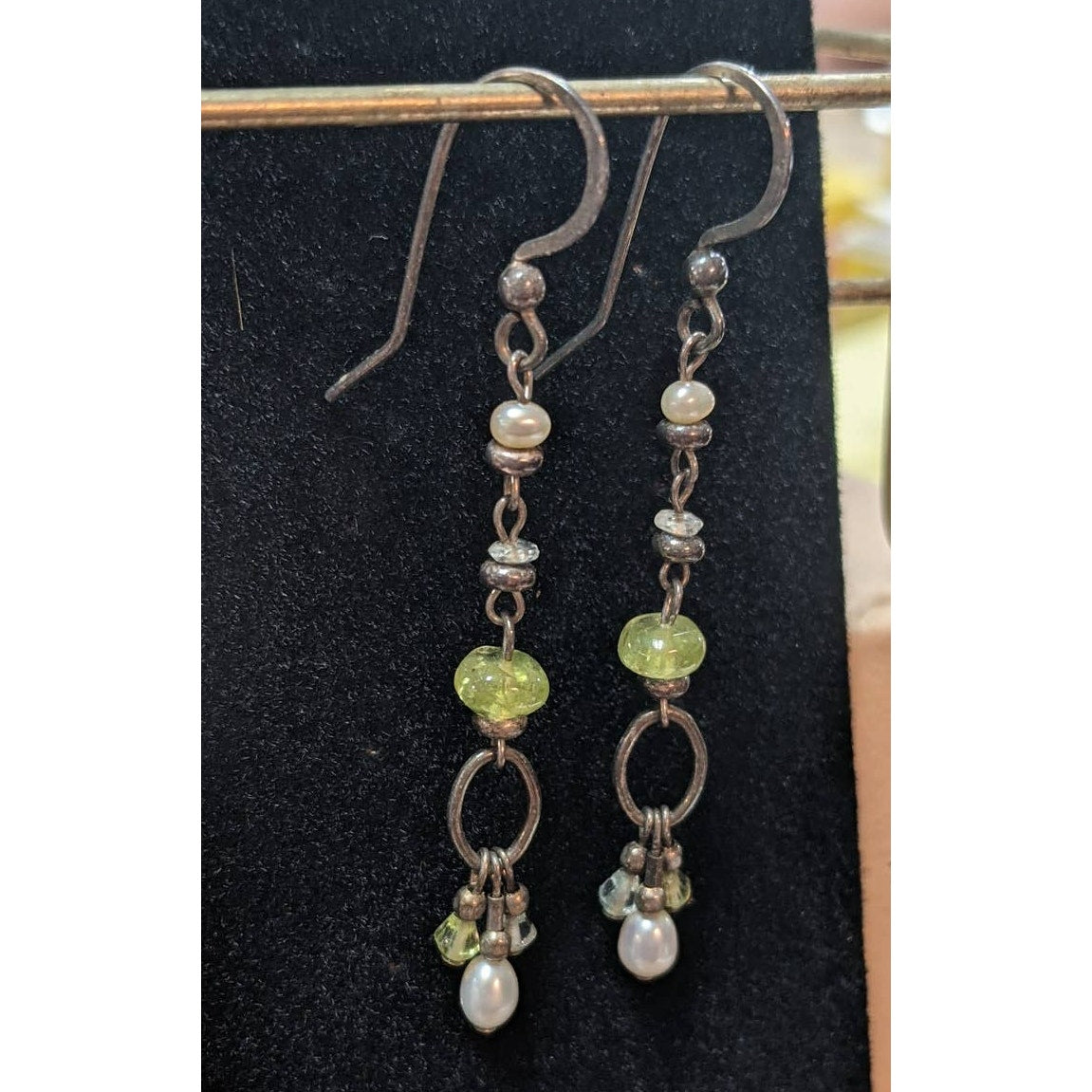 Vintage Beaded Chain Drop Earrings Green Clear Glass White Faux Pearl Dangles