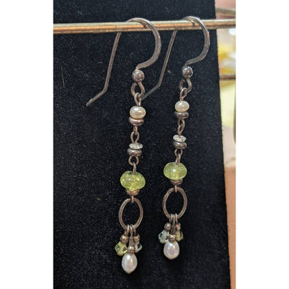 Vintage Beaded Chain Drop Earrings Green Clear Glass White Faux Pearl Dangles