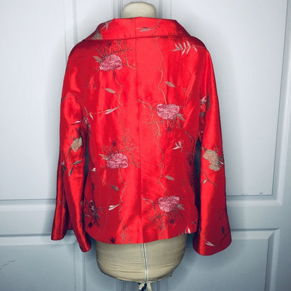 XXL Chinese Asian Large collar button up top RED Satin Feel Floral blouse top