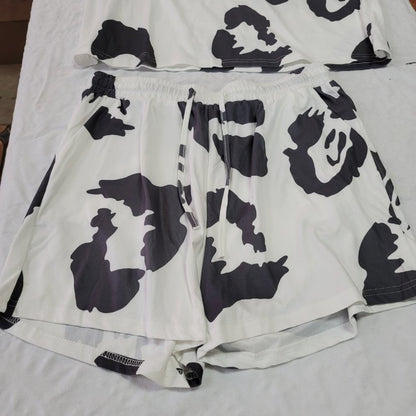 Floral Blooming White Abstract Tee & Drawstring Shorts Cotton/Polyester 2XL SET