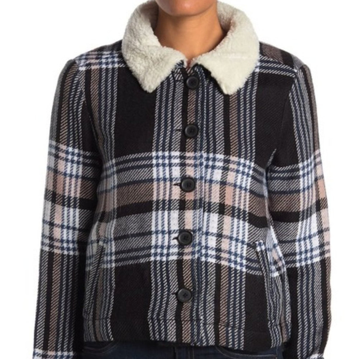 NEW SUSINA Faux Shearling Trim Jacket Long Sleeve SMALL Button Black Naya Plaid
