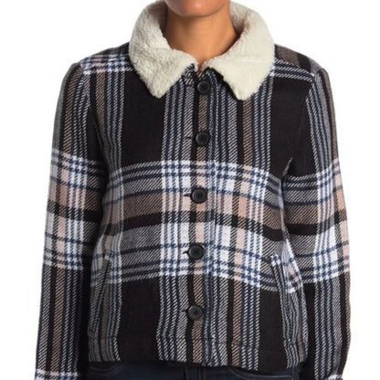 NEW SUSINA Faux Shearling Trim Jacket Long Sleeve SMALL Button Black Naya Plaid