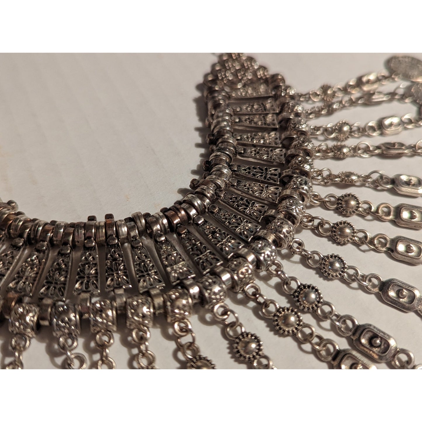 Vintage Ethnic Boho Jewelry SilverTone Metal Patina Coin Chandelier Necklace