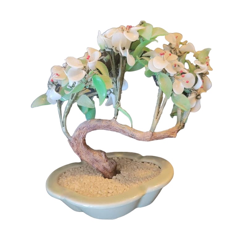 Vintage Chinese Jade-ite Dogwood Sakura Bonsai Tree Glass