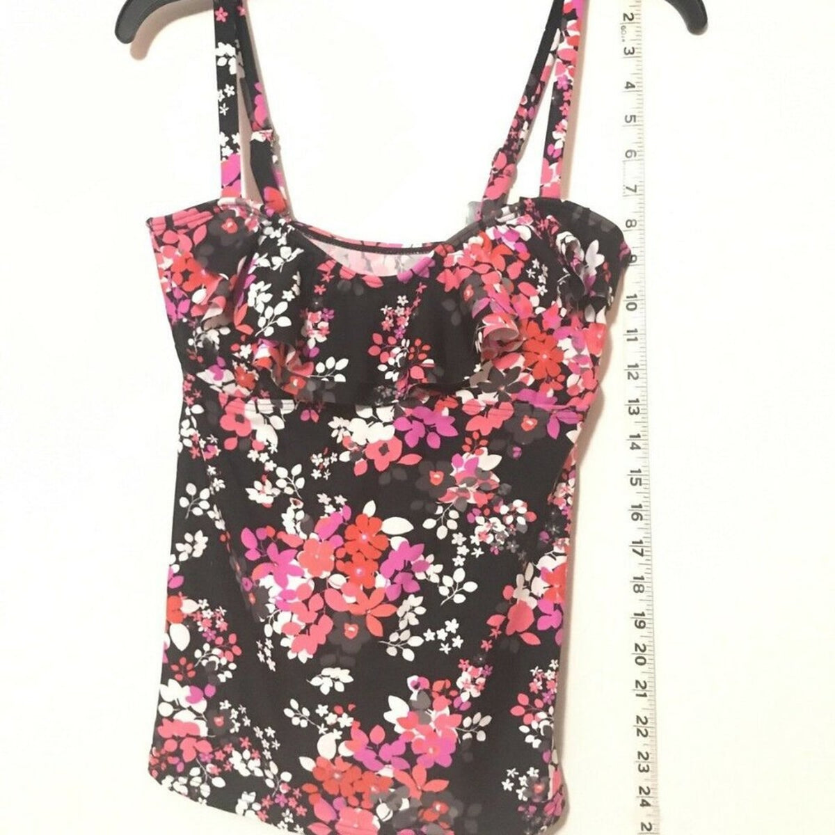 Island Escape Floral Ruffle Bandeau Tankini Bandini Top Black Pink 12