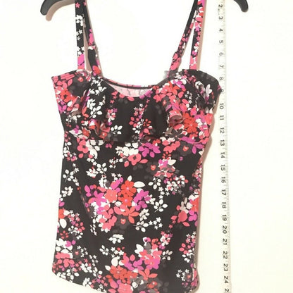 Island Escape Floral Ruffle Bandeau Tankini Bandini Top Black Pink 12
