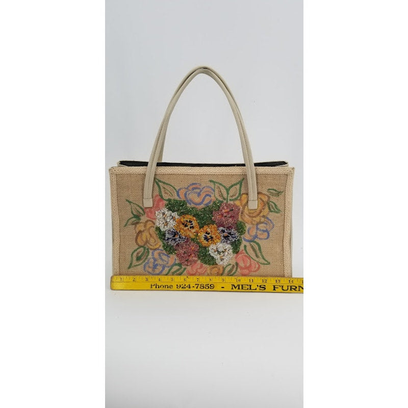 Caron Vintage Houston Texas Hand Bag purse Florals Top handle Beaded  Tapestry