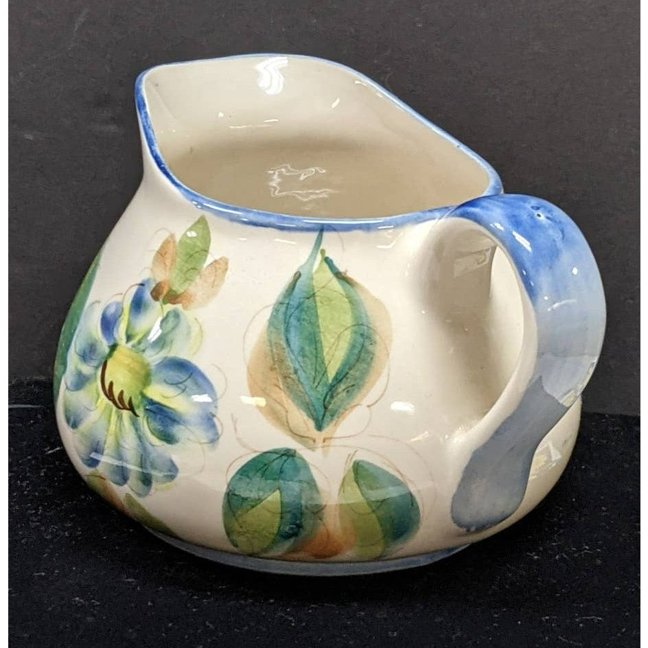 Vintage Signed Secla Portugal Hand Painted Blue Green Floral Pitcher Jug Vase