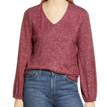 Bobeau Marled Babydoll V-Neck Pullover Top Size Medium in Windsor Wine NWT