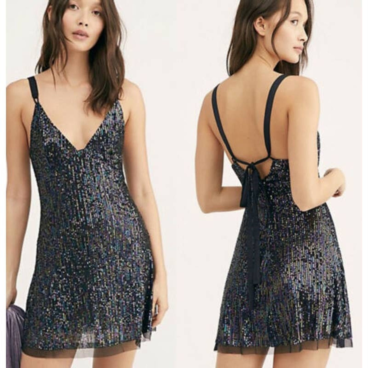Free People Black Gold Rush Sequin Metallic Minidress Medium Night Combo $88 NWT
