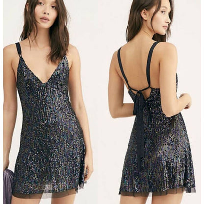 Free People Black Gold Rush Sequin Metallic Minidress Medium Night Combo $88 NWT