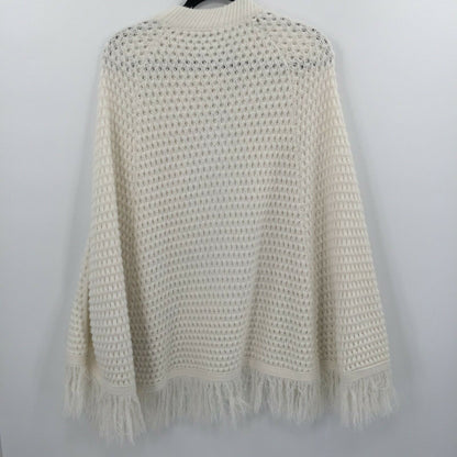 Vintage Women's Ivory Knit Poncho Shawl Cardigan Sweater Round Neck