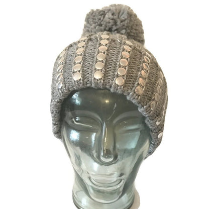 Flat-studded Pom Pom Beanie Silver Winter Cap Hat NEW