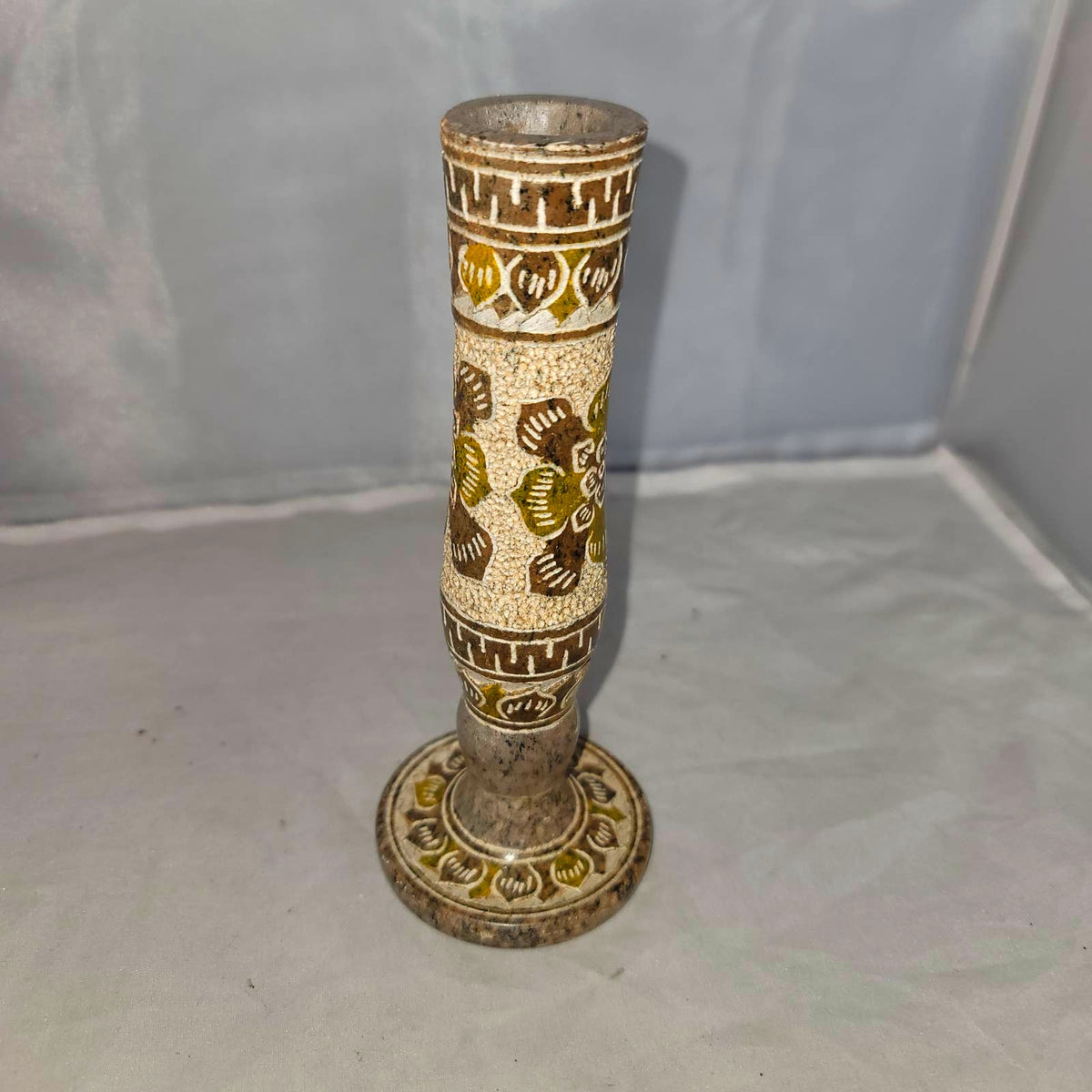 Vintage Candlestick Holder Marble Mexican Etched Floral geometric Neutral 7"