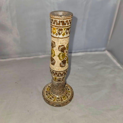 Vintage Candlestick Holder Marble Mexican Etched Floral geometric Neutral 7"