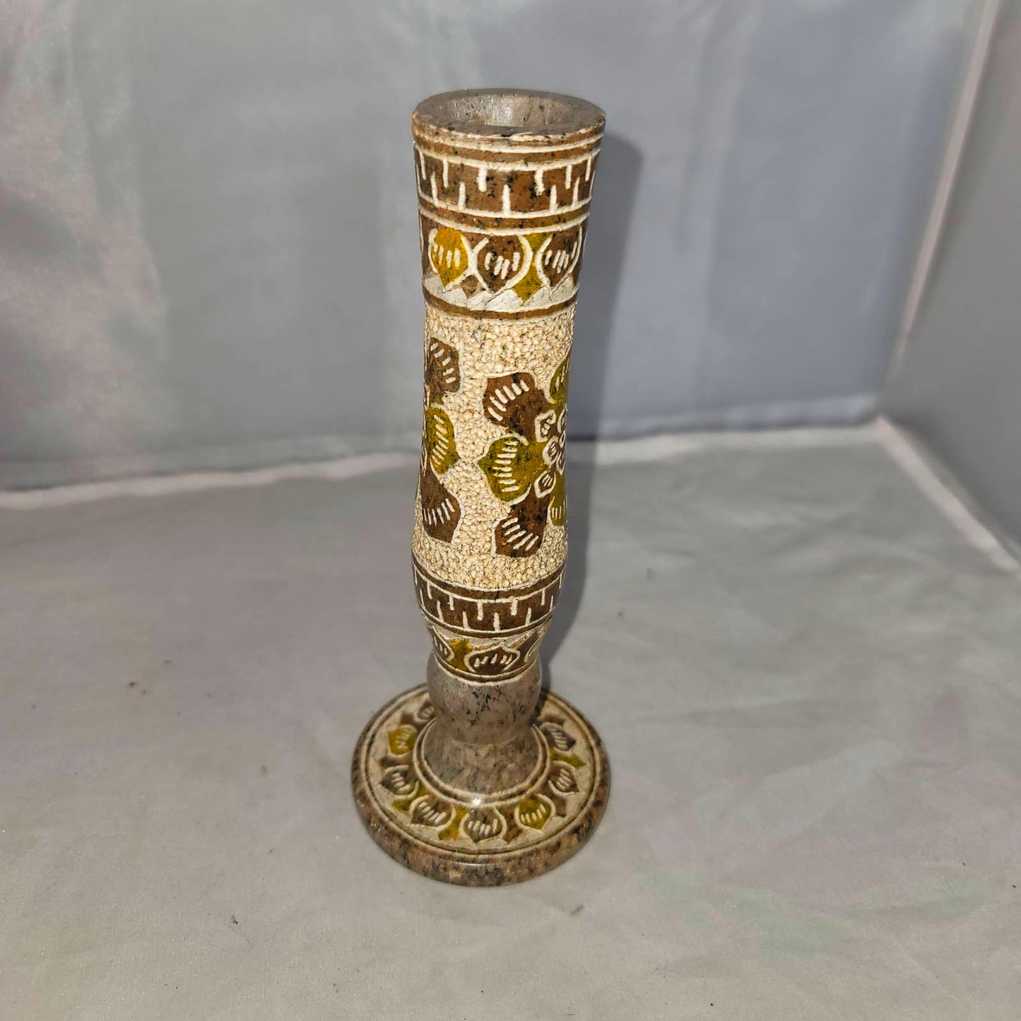 Vintage Candlestick Holder Marble Mexican Etched Floral geometric Neutral 7"