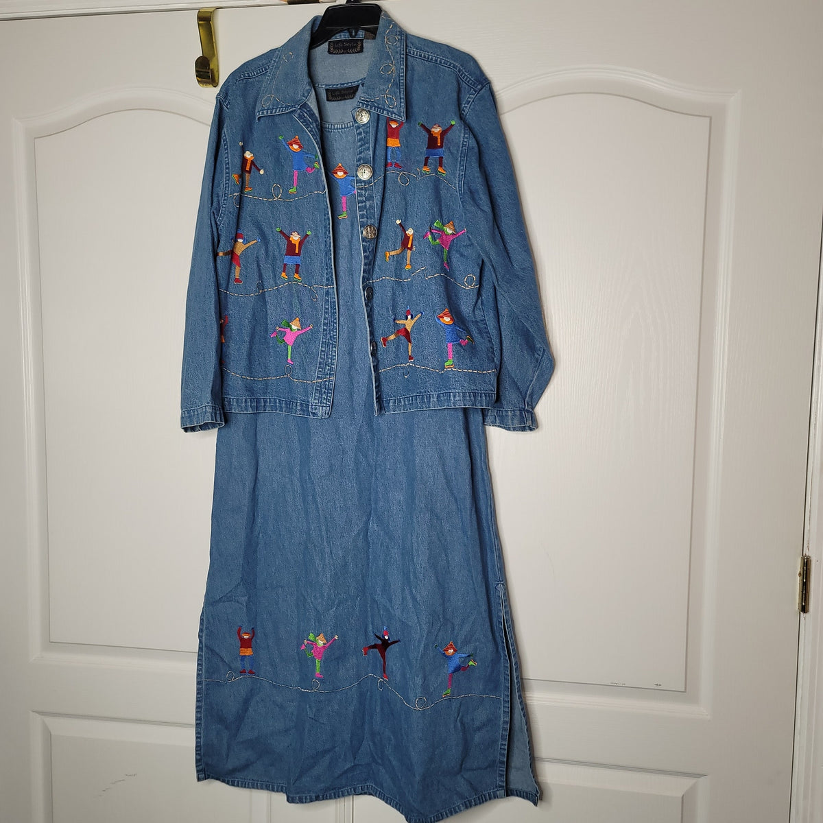 2 piece vintage denim maxi Sleeveless dress jacket embroidery skaters Large 80's