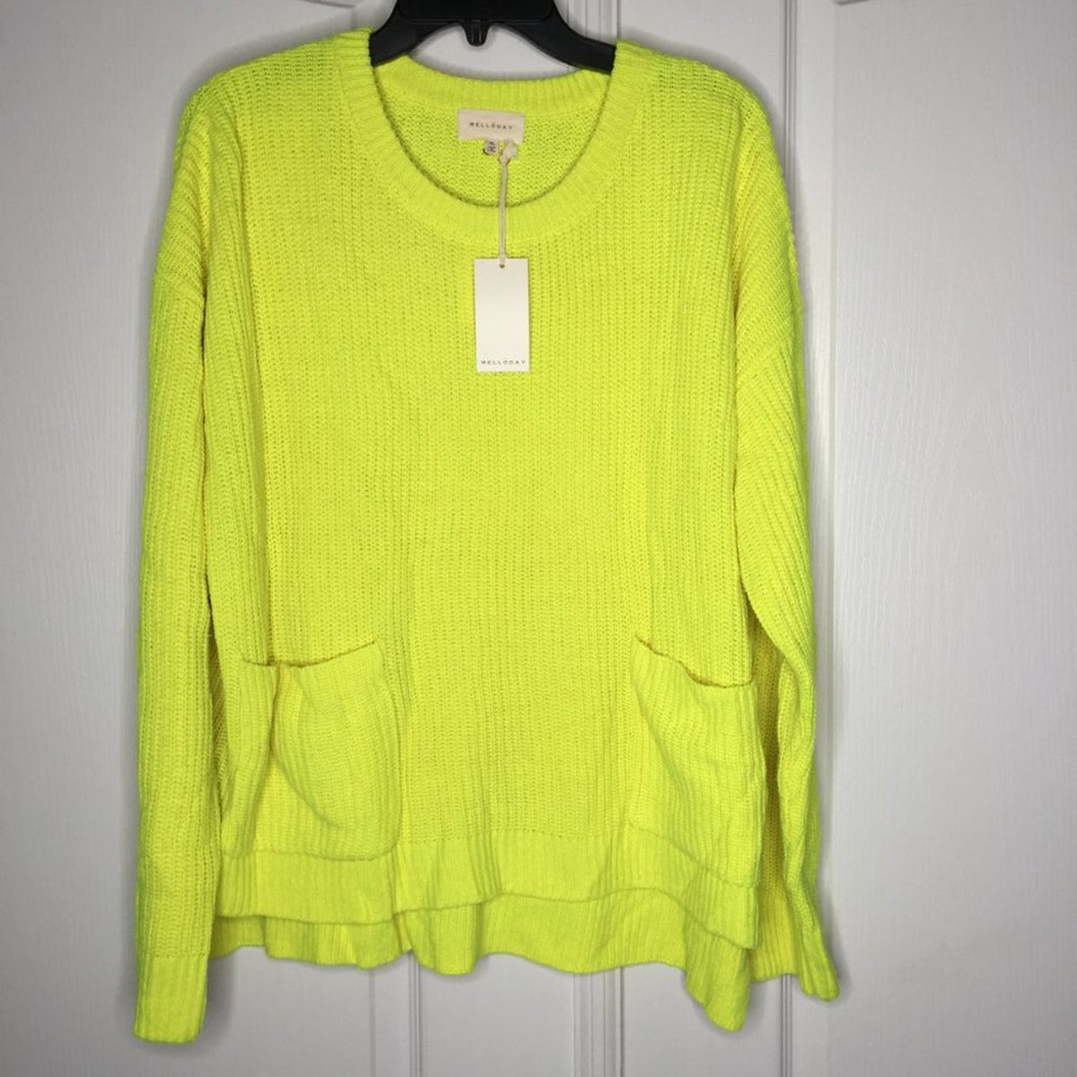 Melloday Knit Pullover Sweater Long Sleeve Crew Neck Two Pocket Yellow Size XL