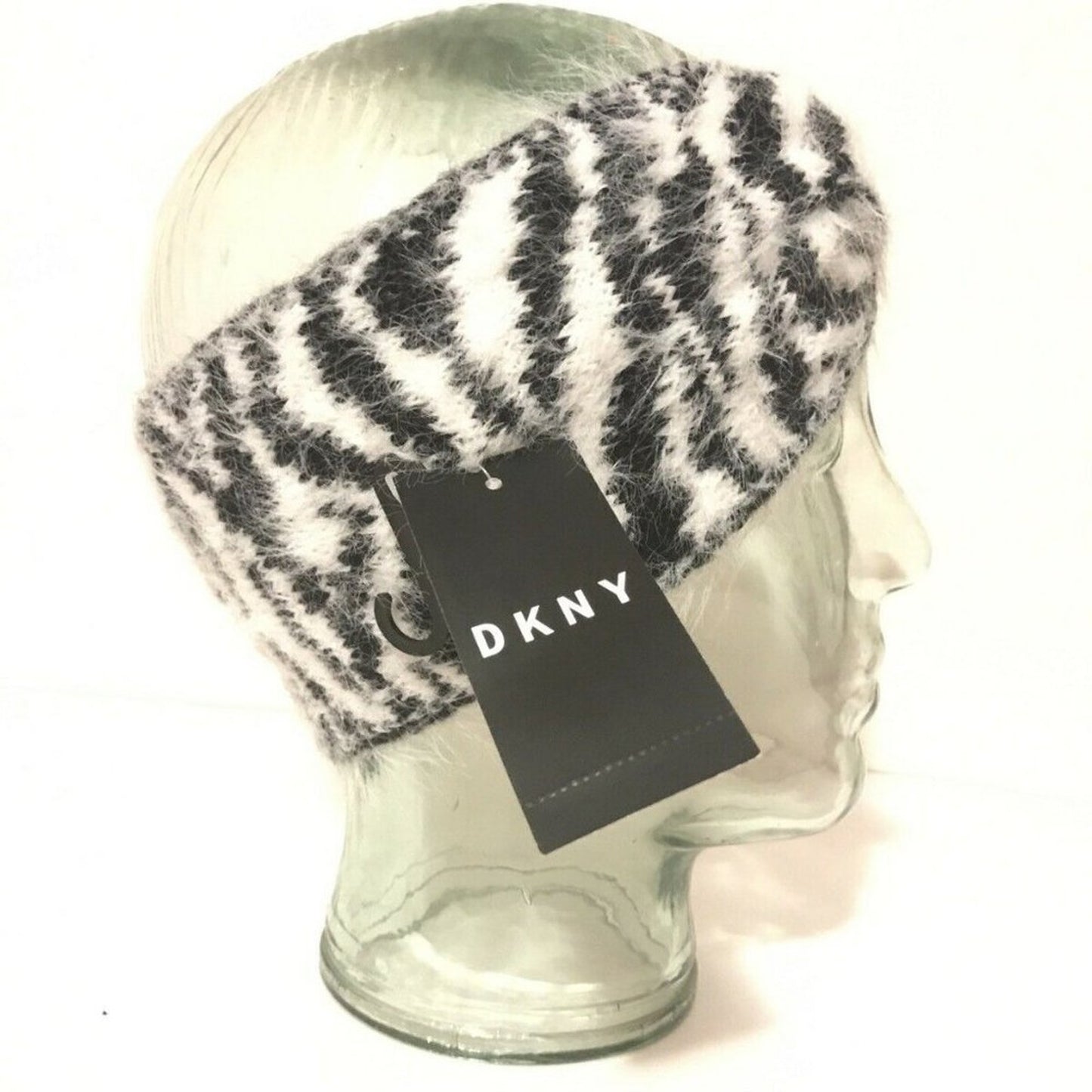 New DKNY Animal Zebra Print Front Twist Headband Ear Warmer Fuzzy Black White