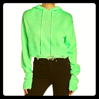 NWT Wild Honey Neon Green Hoodie Sweater Distress Size Small
