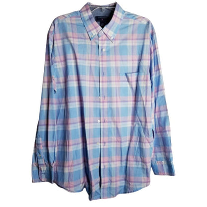 Saddlebred Button Dress Shirt Long Sleeve Collared Blue/White/Purple Plaid Large