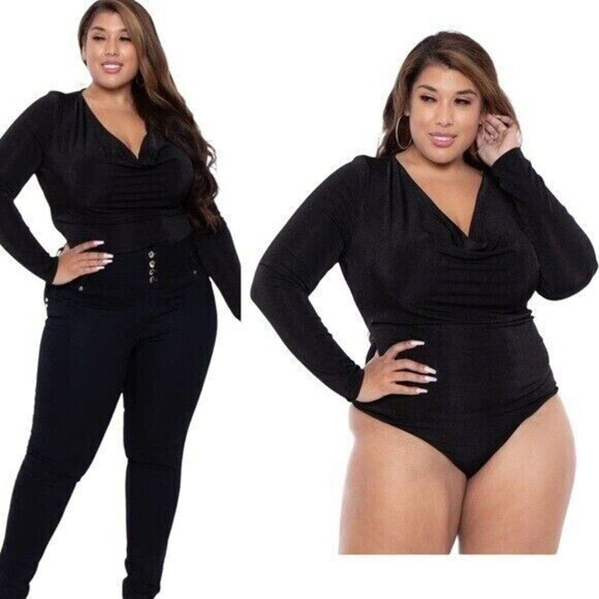 Curvy Sense Womens Sharon Cowl Scoop Neck Long Sleeve Knit Bodysuit 2X Black NWT