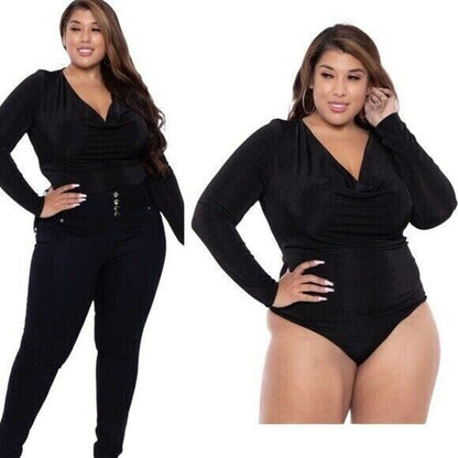 Curvy Sense Womens Sharon Cowl Scoop Neck Long Sleeve Knit Bodysuit 2X Black NWT
