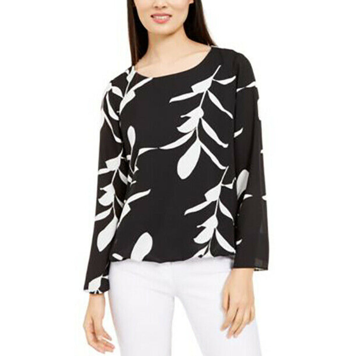 Alfani Floral-Printed Balloon-Hem Top Scoop Neck Long Sleeve Black Small Petite